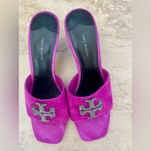 Tory Burch Fuchsia Suede Mules with Embellished Logo